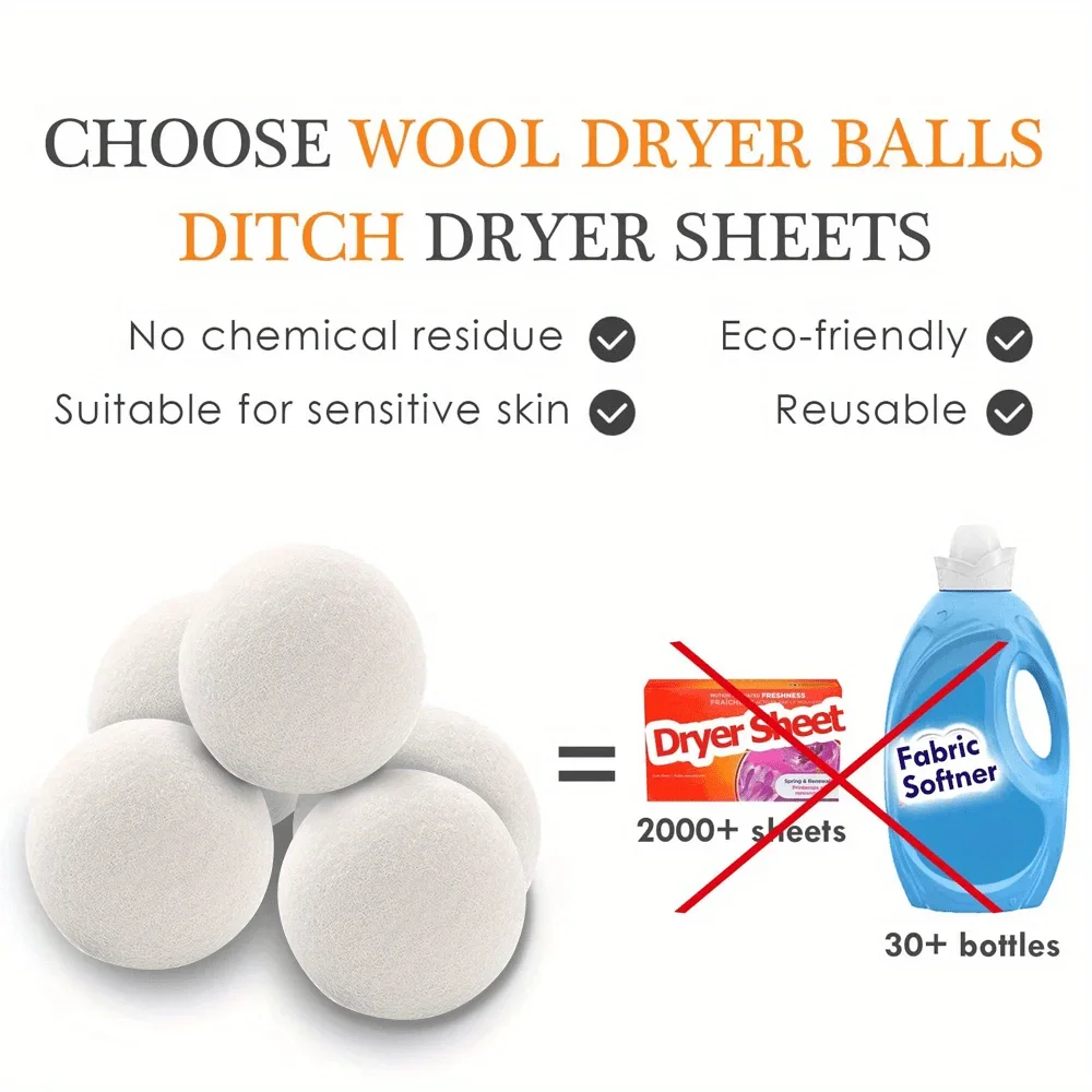 Large Wool Dryer Balls Natural Fabric Softener Reduces Wrinkles Drying Time Eco-Friendly Alternative To Plastic Liquid Softener