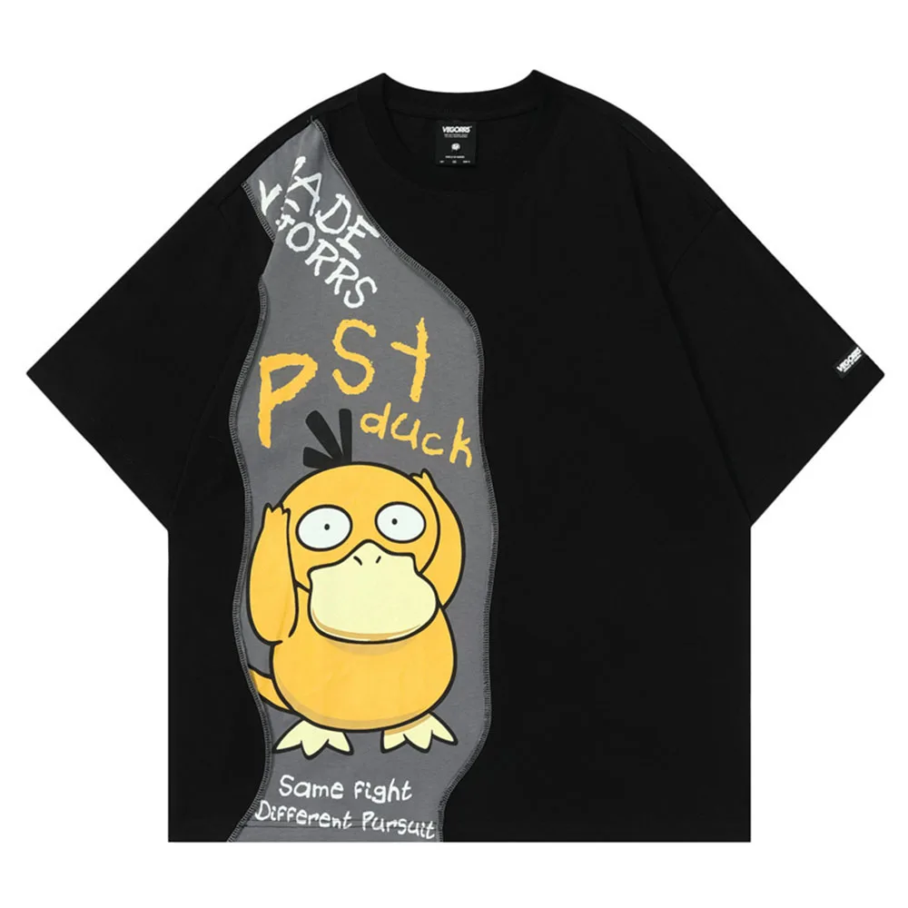 

Cartoon Printed Patchwork Men's T-shirt Short Sleeve Summer Round Neck Hip Hop Tshirts Cotton Tee Black White