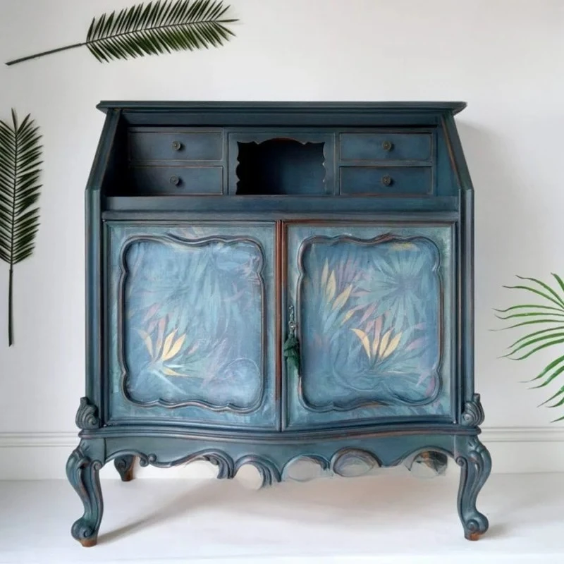 

"Blue Printed Chest of Drawers" Vintage Distressed Storage Cabinet, Neo-Classical Solid Wood Bedside Cabinet