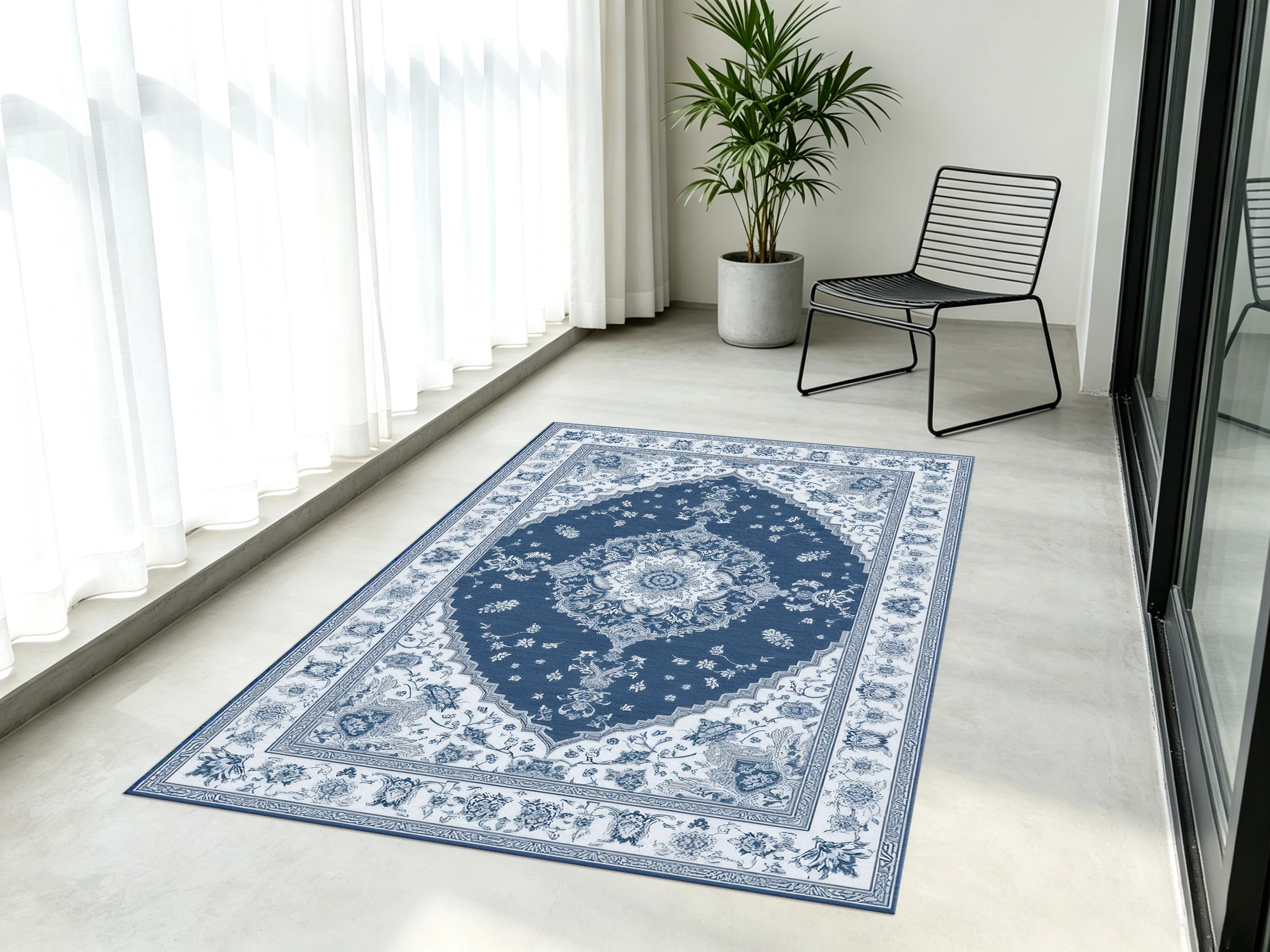 2D Large Rug in Navy Blue & Off-White, European Retro Persian Pattern, Suitable for Living Room & Bedroom, Enhancing the