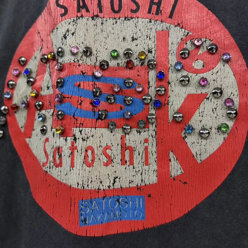 Satoshi Nakamoto T-shirts 26SS Trend Brand Hand Beading Letter Burst Print Loose Washed Retro Short Sleeved Tee