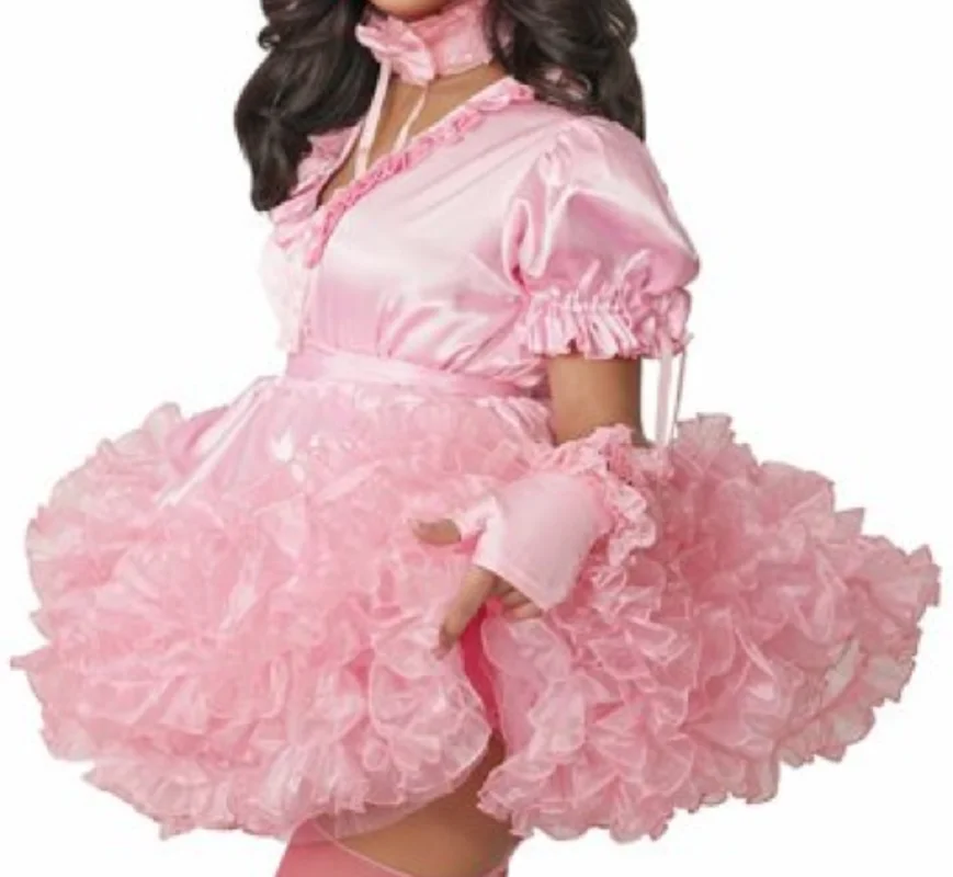 French Sexy Adult Giant Baby Pink Satin Dress Sissy Role Play Makeup Prom Maid Dress Custom Lockable Multi Color