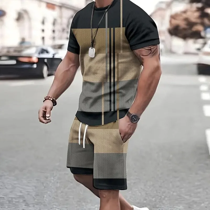 2024 Fashion Men\'s Sportswear 3D Patchwork Print T-shirt Shorts 2Pcs Sets Summer Casual Short Sleeve Crew-Neck Tracksuit Outfits