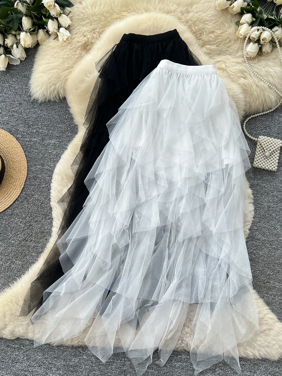 Sweet Fairy Multi-Layered Tulle Cake Skirt High Waist Slimming Puffy A-Line Skirt for Women Commute Style Korean Version