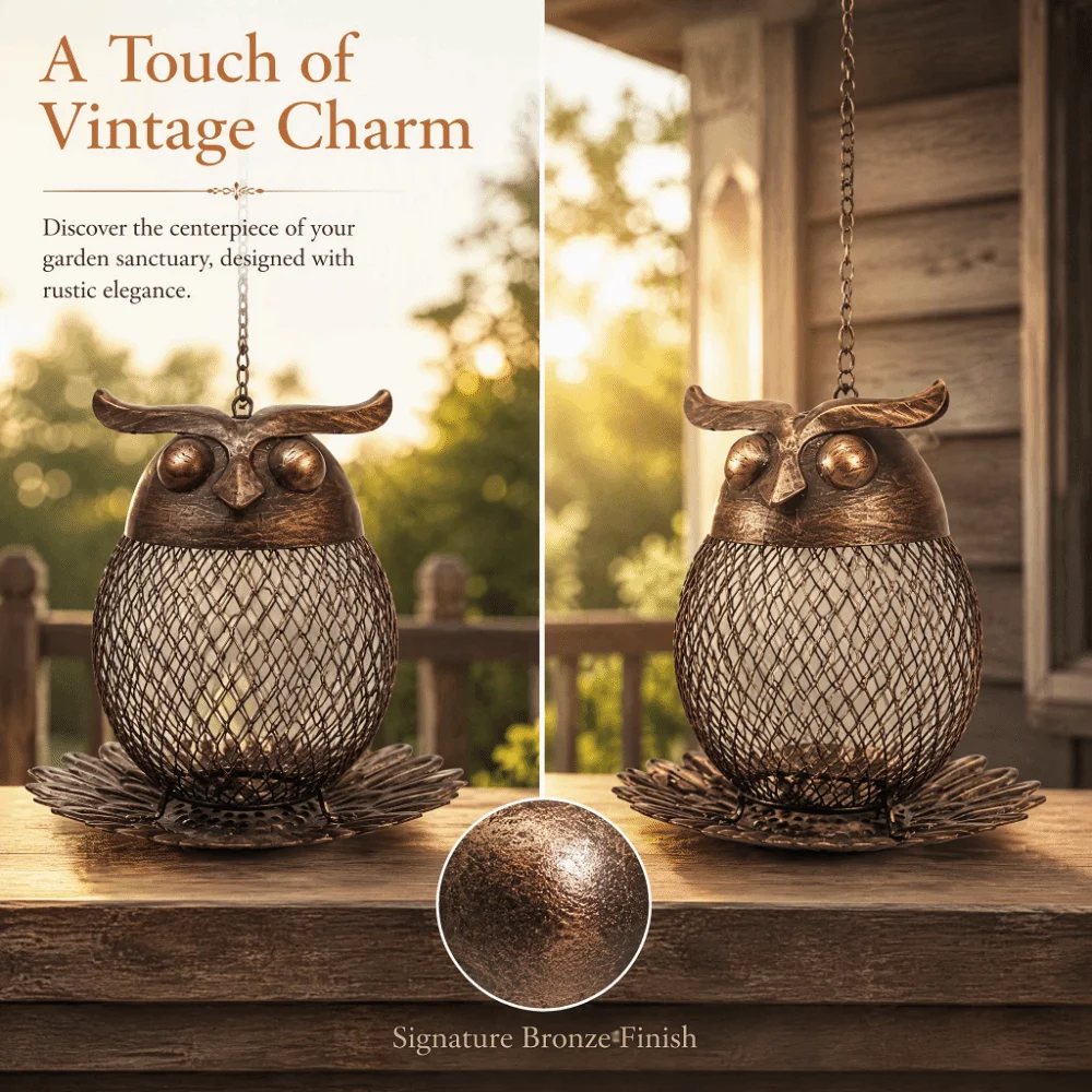 Owl Shape Metal Bird Feeder Bronze Finish Rust Proof Hanging Wild Bird Feeder Squirrel-Proof Metal Mesh Owl Hummingbird Feeder