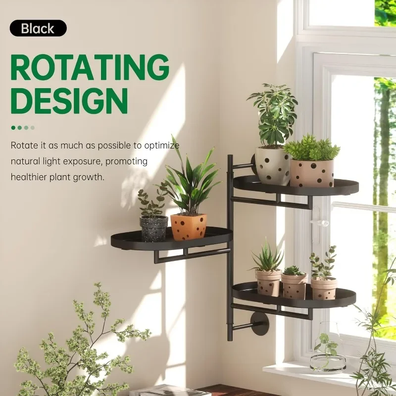 Rotating Window Plant Shelves for Multiple Plants Indoors,3-tier Metal Corner black Plant Stand Holder Floating