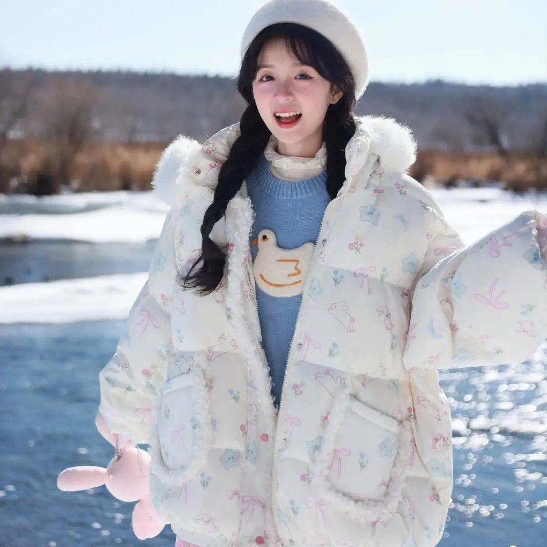 Kawaii Y2K طويلة الأكمام مقنعين سترات فو الفراء طوق معطف الكرتون طباعة المرأة عادية لطيف الحلو البلوز فتاة ملابس خارجية