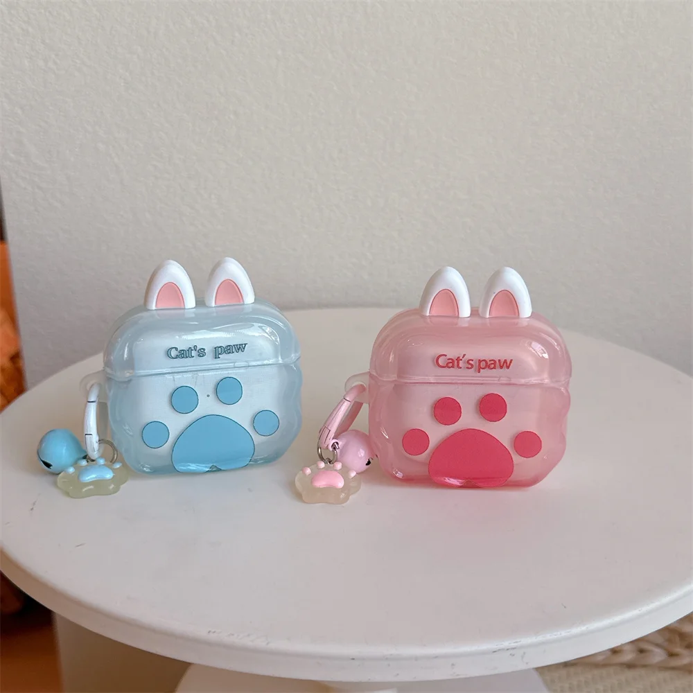 

3D Cat Ears Cute Paws Half Clear Color Earphone Case Shockproof Cover for Apple Airpods 4 3 2 Pro2 Pro3 Cases With Charm Fundas
