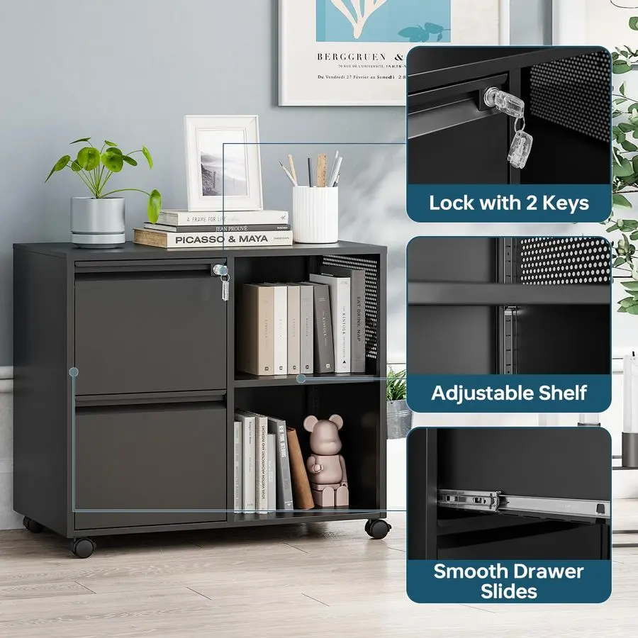 2 Drawer File Cabinet on Wheels, Metal Filing Cabinets with Shelf, Home Office Mobile File Cabinet with Lock, Printer Stand Stor