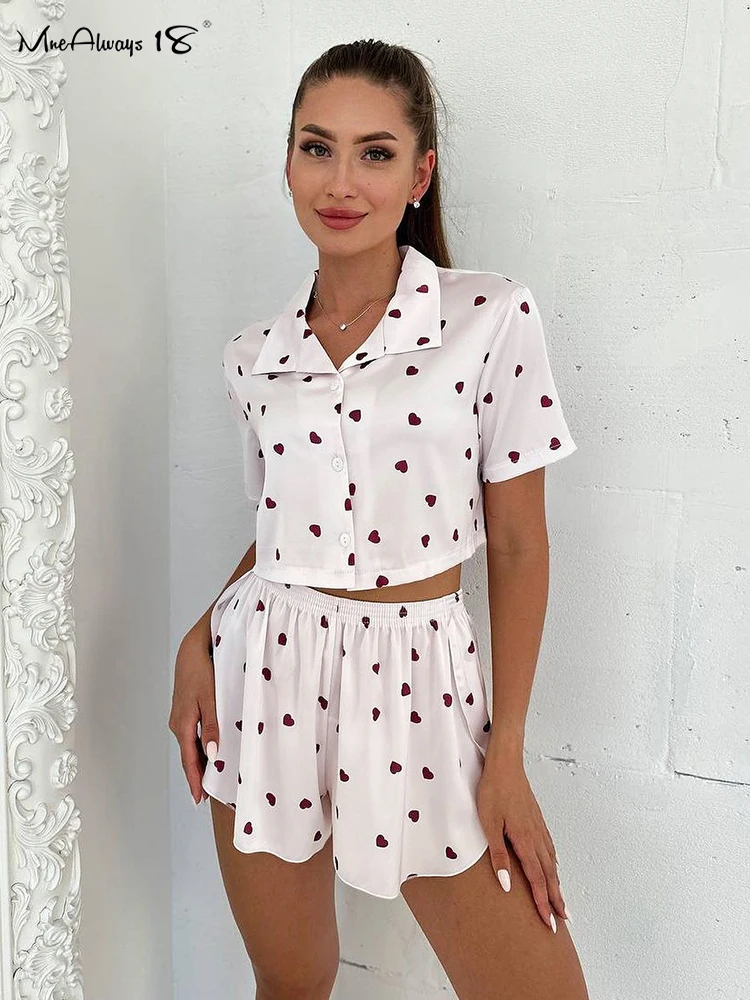 Mnealways18 Love Printing Homewear 2-Piece Suits Women Cropped Shirts And Drape Shorts Casual Outfits Summer 2024 Lady Sleepwear