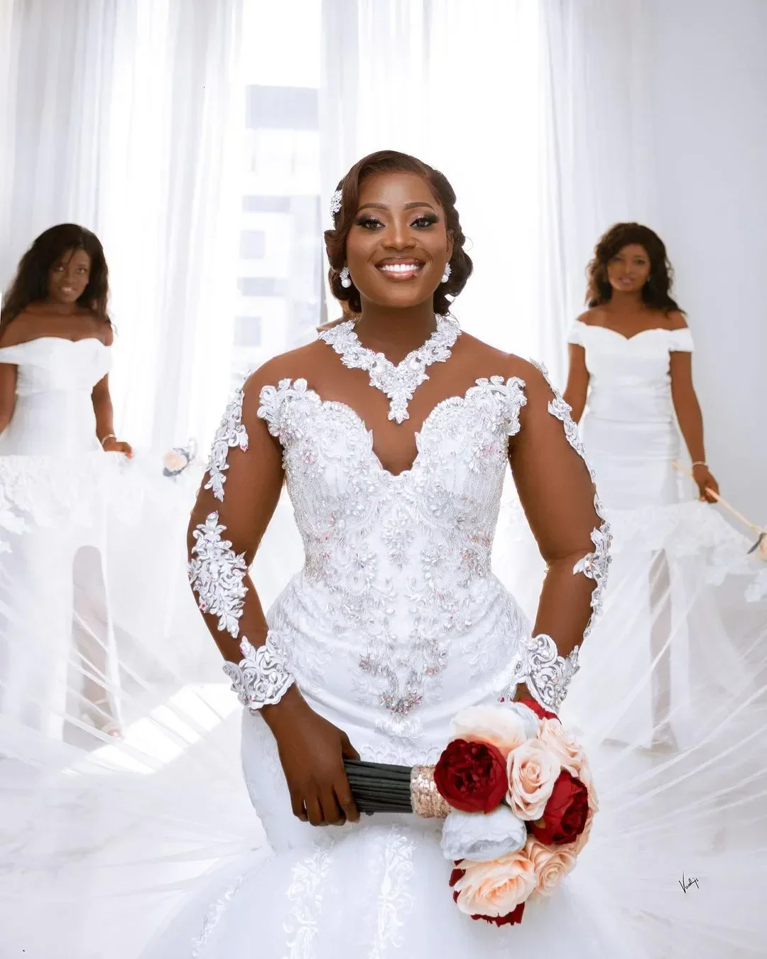 Aangepaste witte volledige kant zeemeermin trouwjurken kristallen pure hals vintage sexy bruidsjurken jurk