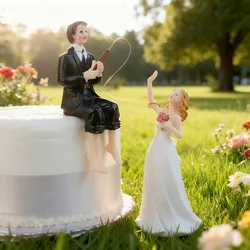 Cake On Fishing Bride Catching Groom Funny Wedding Cake Topper Decor- Bride And Groom Set Black Acrylic Topper
