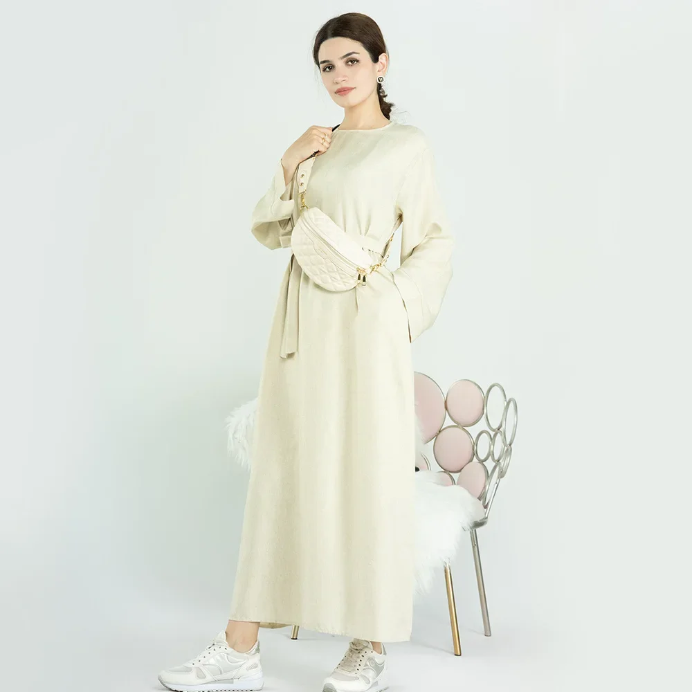 Eid Cotton Linen Muslim Abaya Dress Dubai Turkey casual Abayas African Dresses for Women with Belt Kaftan Robe Islamic Clothing