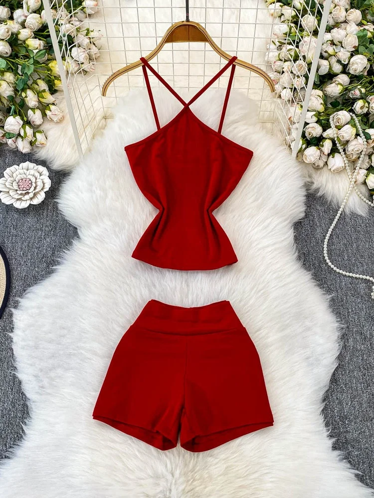 

Sexy mat Hot Girl Bal ort Strap Top + High Waist Butt Lifting Two-Piece Set V-Ne Summer Faion Women's Suit