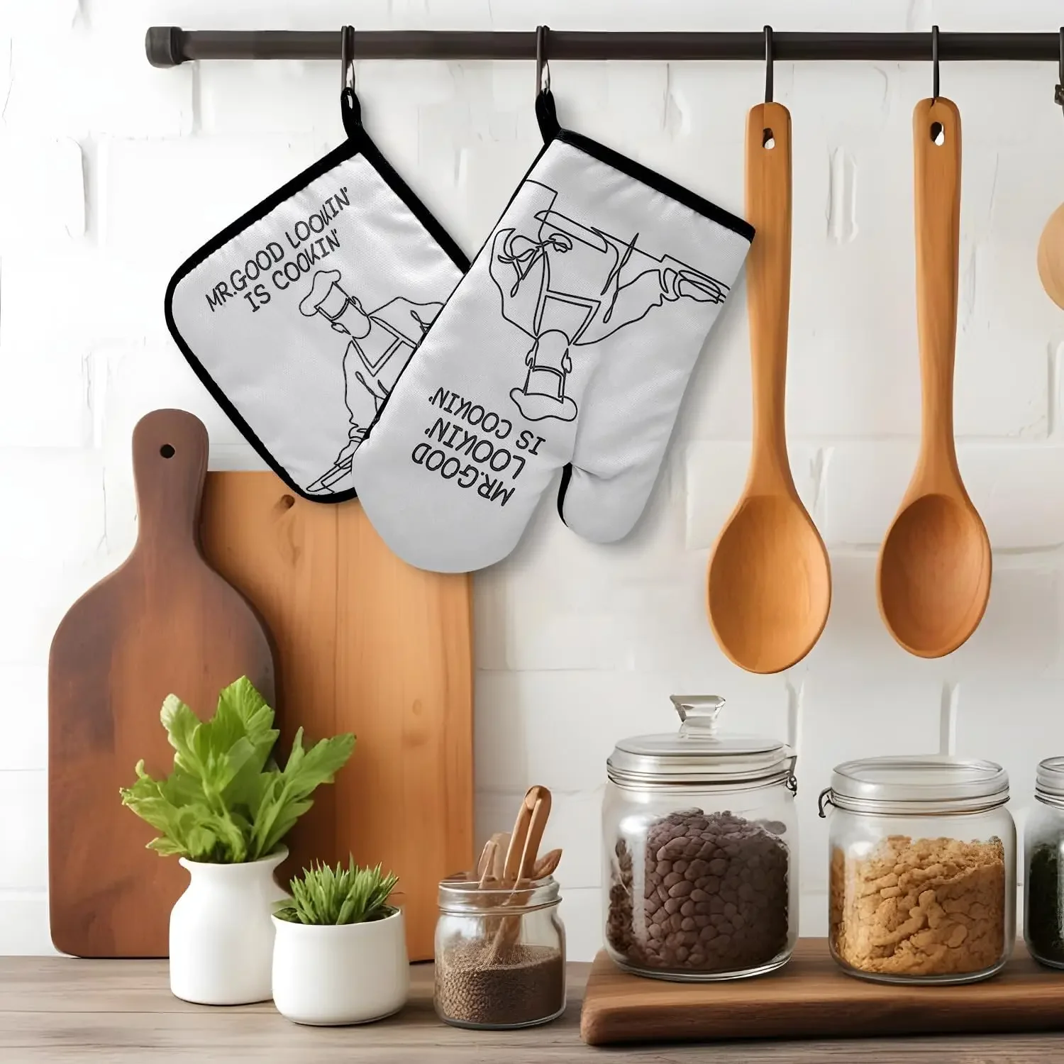 Mr.Good Looking is Cooking,Funny Oven Mitts and Pot Holders Kitchen Gift for Men,Housewarming Gift Ideas,Cooking Baking BBQ