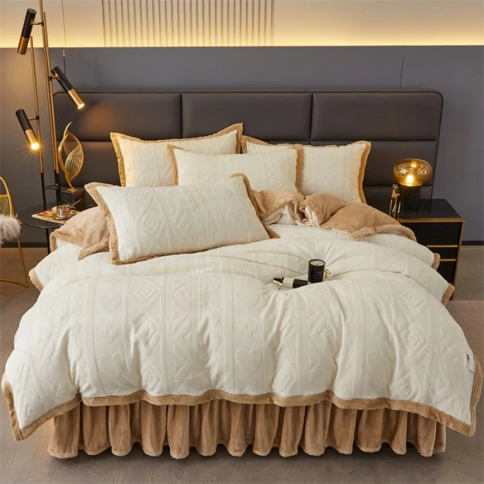 4Pcs Winter Solid Milk Velvet Bedding Warm Thick Plush Bed Sheet Coral Velvet Carved Velvet Duvet Cover