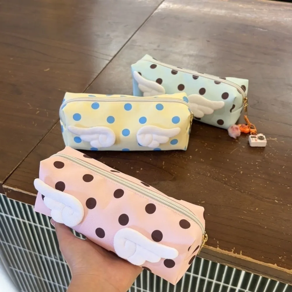 3D Angel Wings Design Pencil Pouch Polka Dot Pattern Large Capacity Stationery Organizer Aesthetic Design Kawaii Style Pen Bag