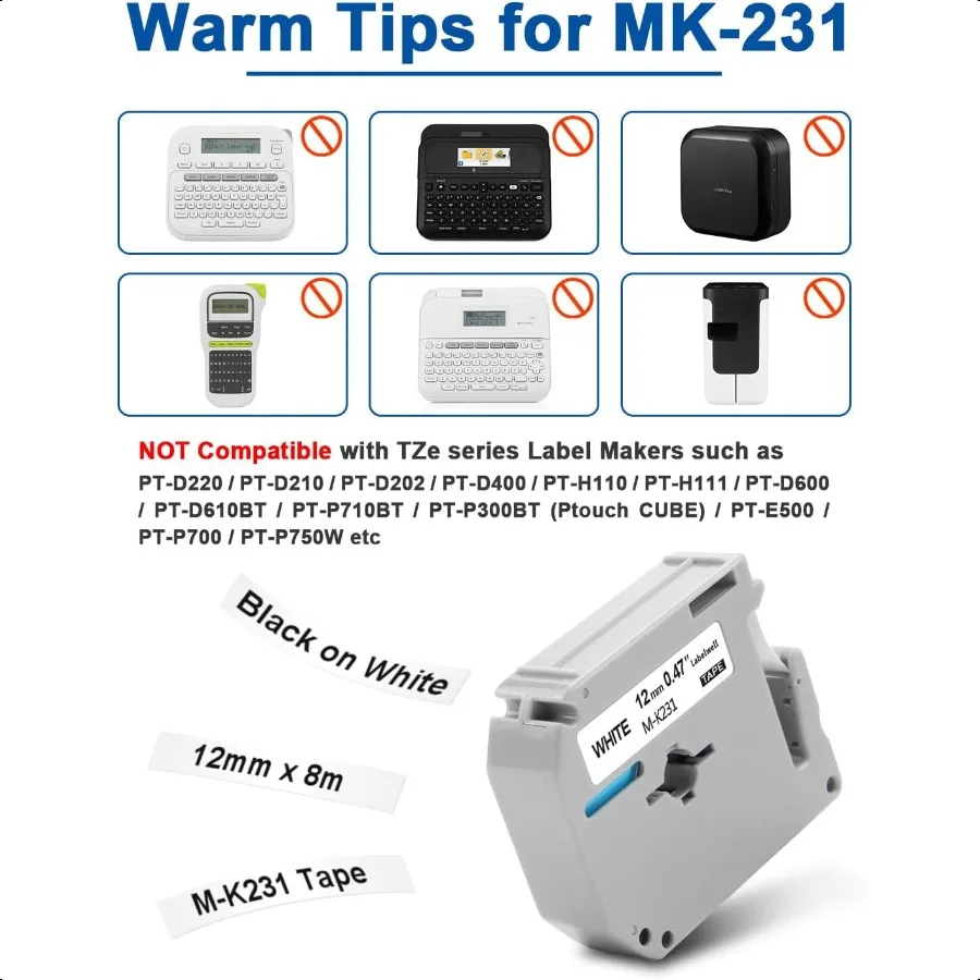 MK231 테이프 교체용, 브라더 라벨 테이프 12mm 0.47인치, MK231 M231 MK231s, PTouch PTM95 PTM95 PT65 PT45 PT와 호환