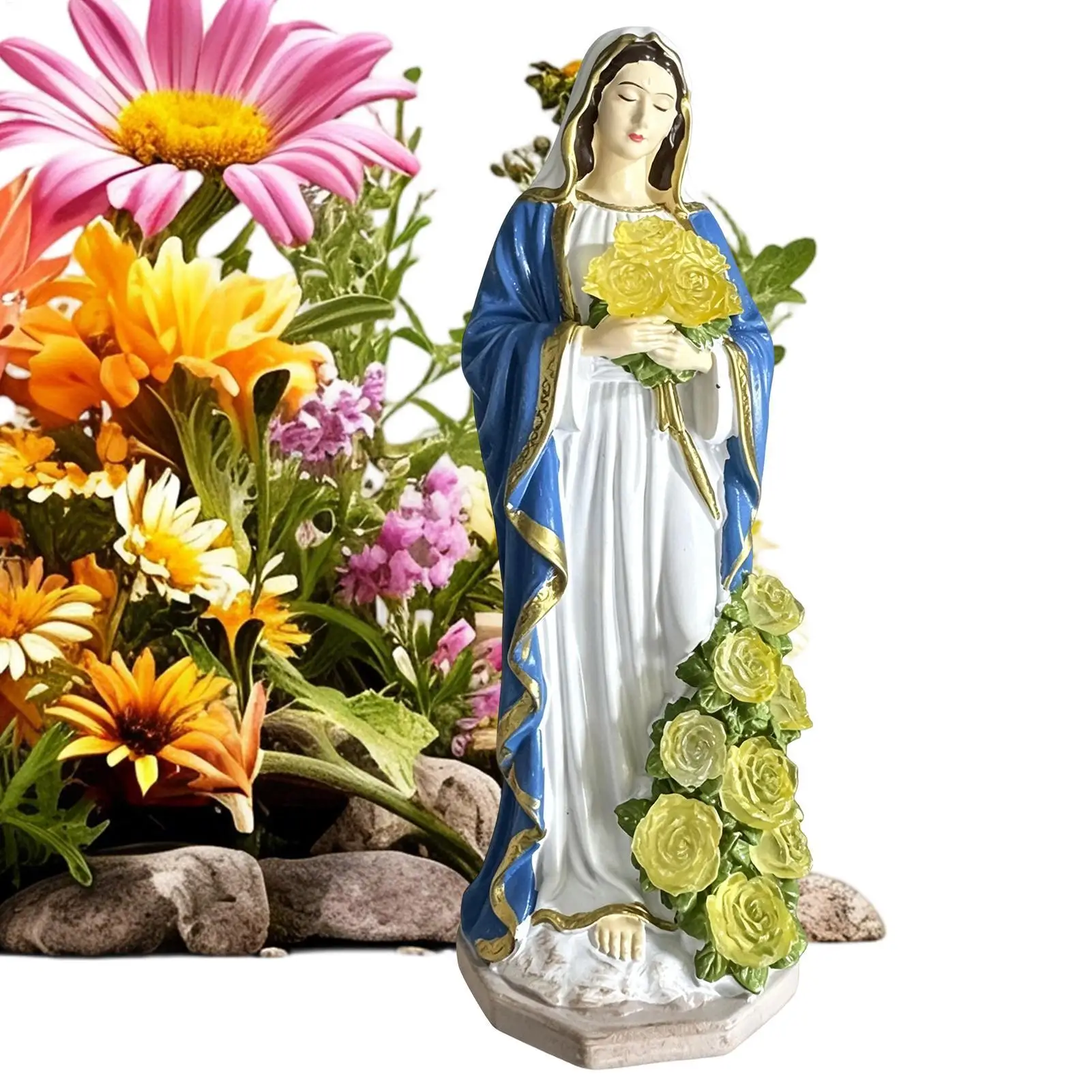 Virgin Mary Garden Statue With LED Rose Light Waterproof Resin decorative Sculpture Sentimental Memorial Gift For Mother Female