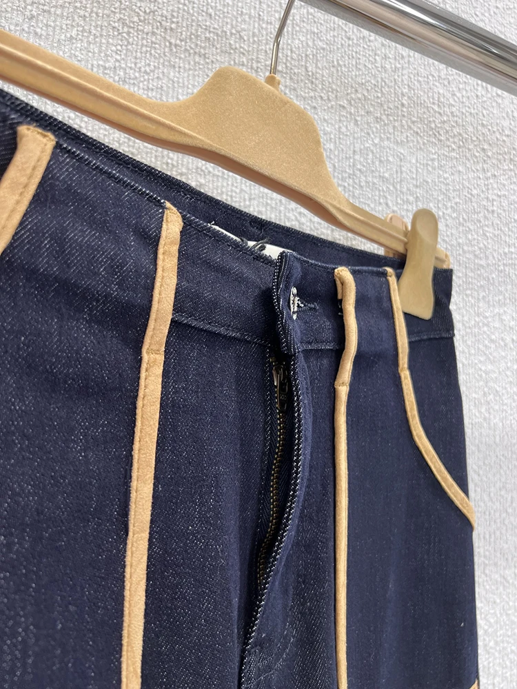 Jeans casual da donna blu navy moda primavera e autunno, nuovi jeans lavorati a maglia tinta unita a gamba dritta