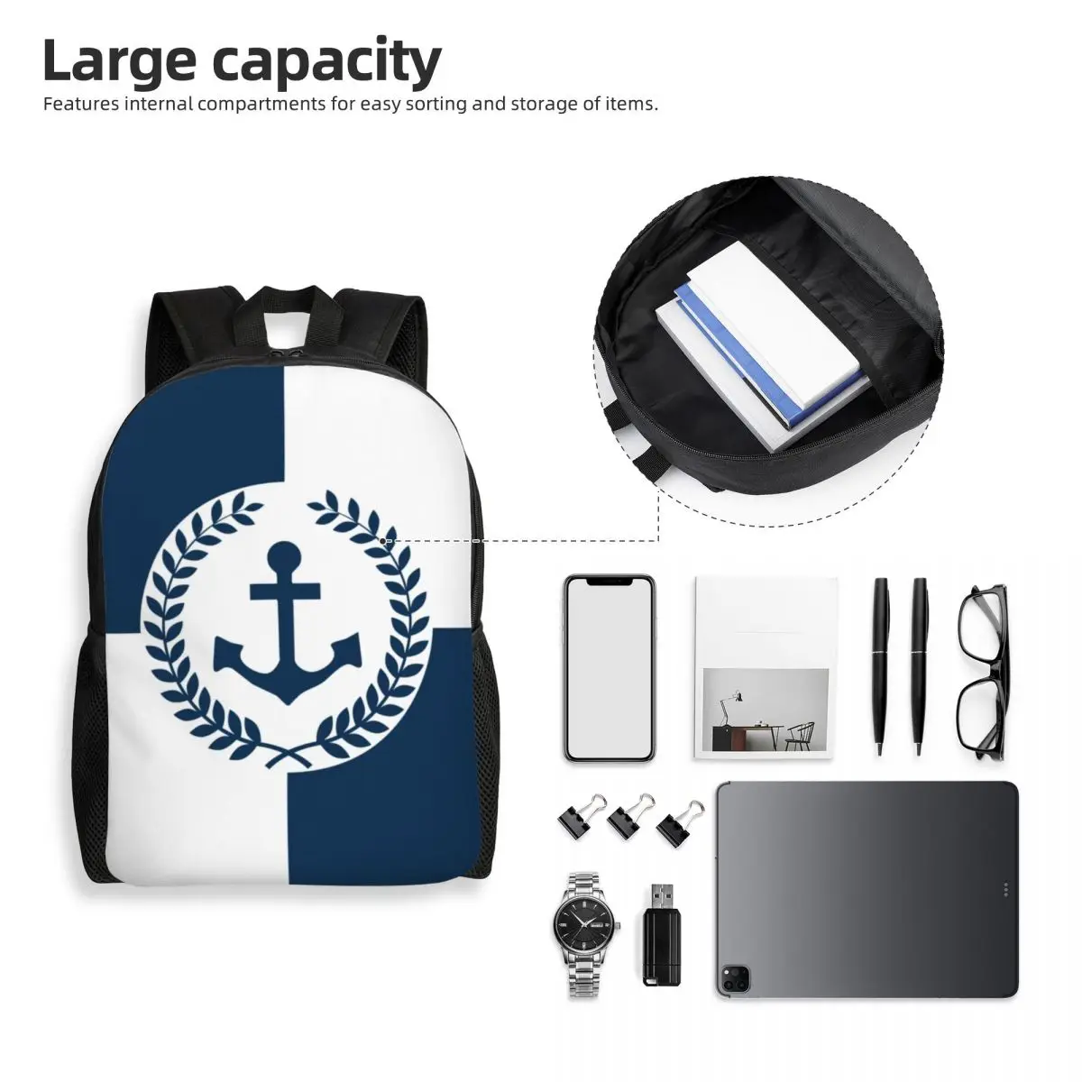 Nautical Anchor Themed Design Laptop Backpack Men Women Casual Bookbag for School College Students Sailing Sailor Bags