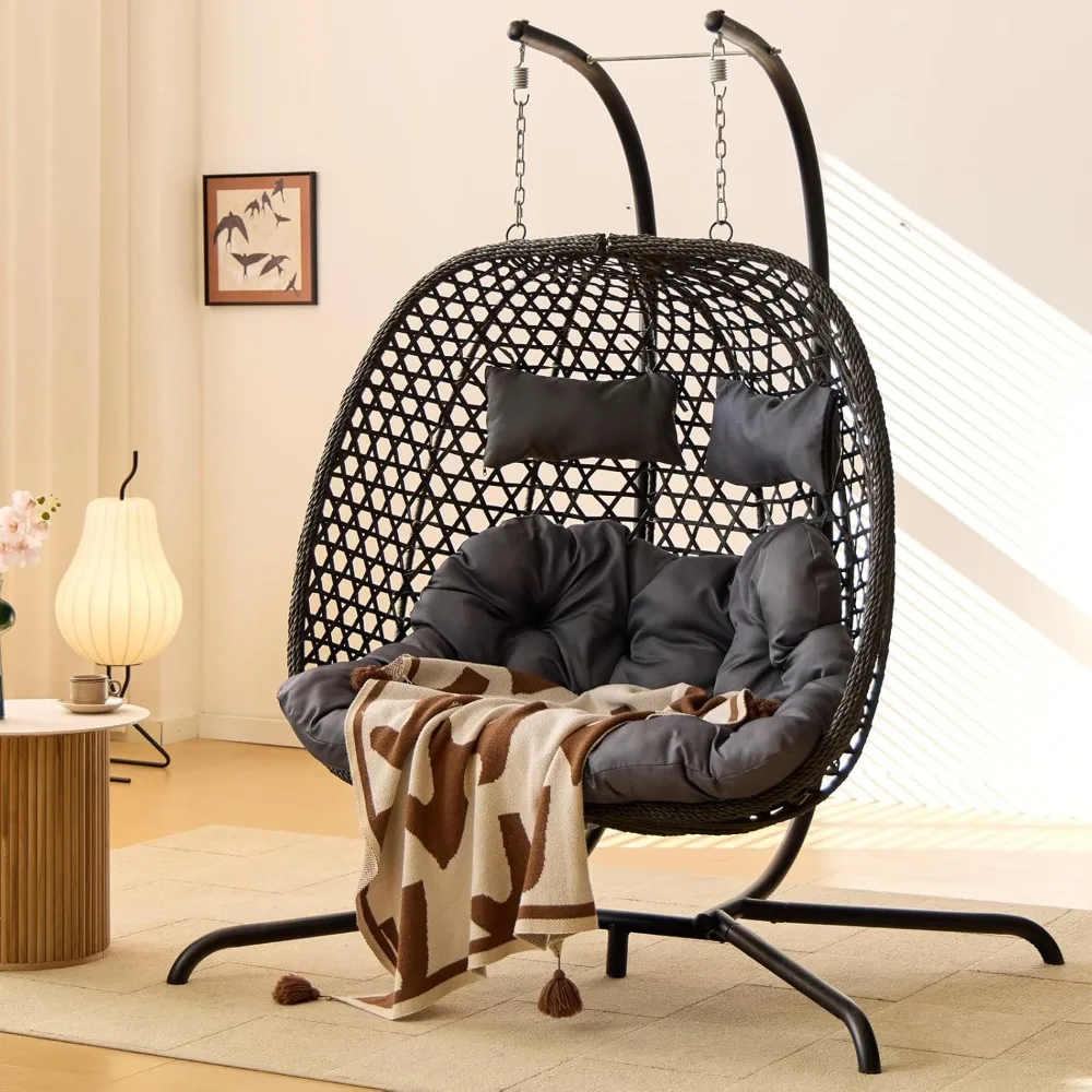 

Double Hanging Swing Egg Chair with Stand, Hexagon Wicker Hammock for Outdoor Garden Patio, 2-Person Egg Chair Solution