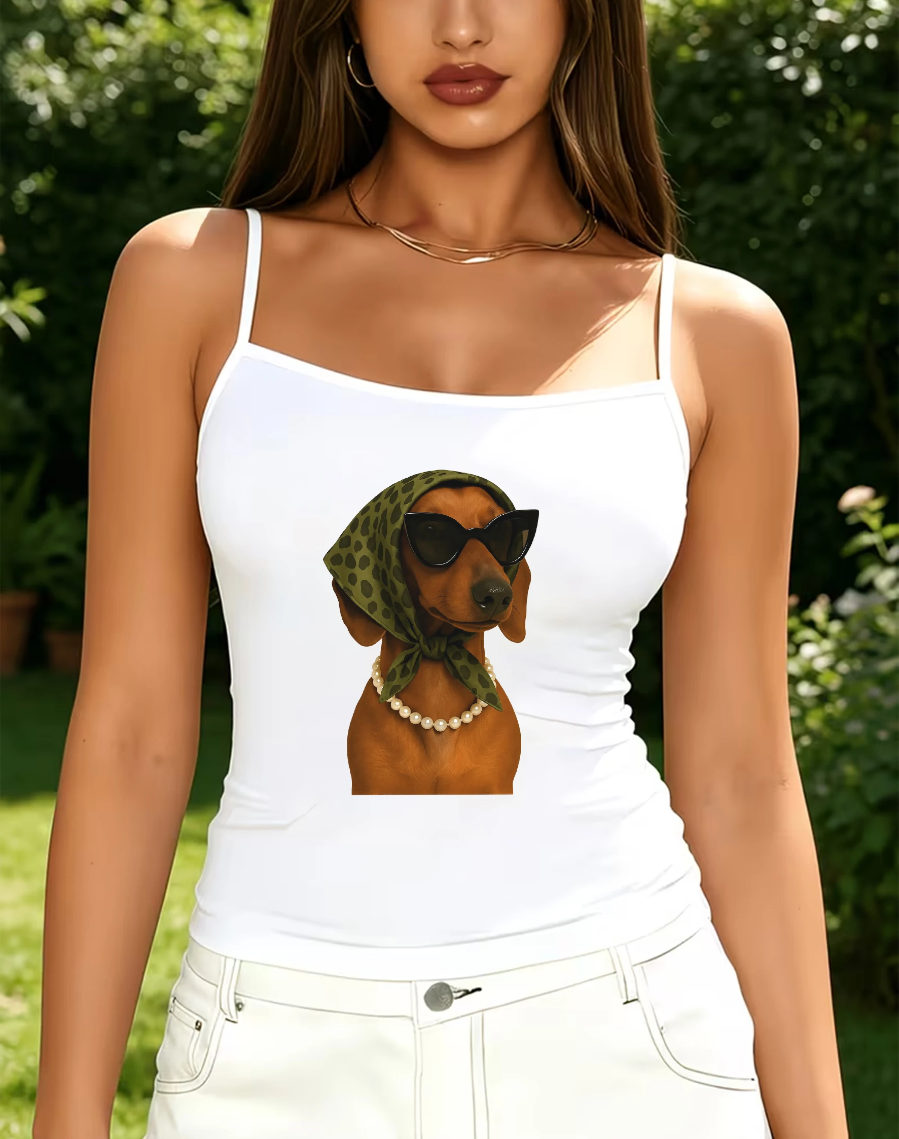 Cute Retro Diva Dachshund Graphic Cami Tank Top Women Square Neck Sleeveless Slim Fit Lover Casual Daily Layering Sling Shirt
