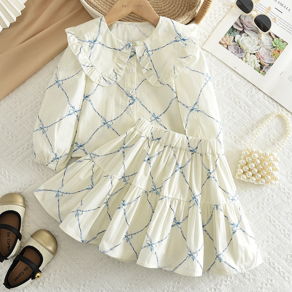 Autumn Blue 2-6 Year Old Bow Printed Long Sleeve Set with Collar Top and Skirt Two Piece Set Korean Version