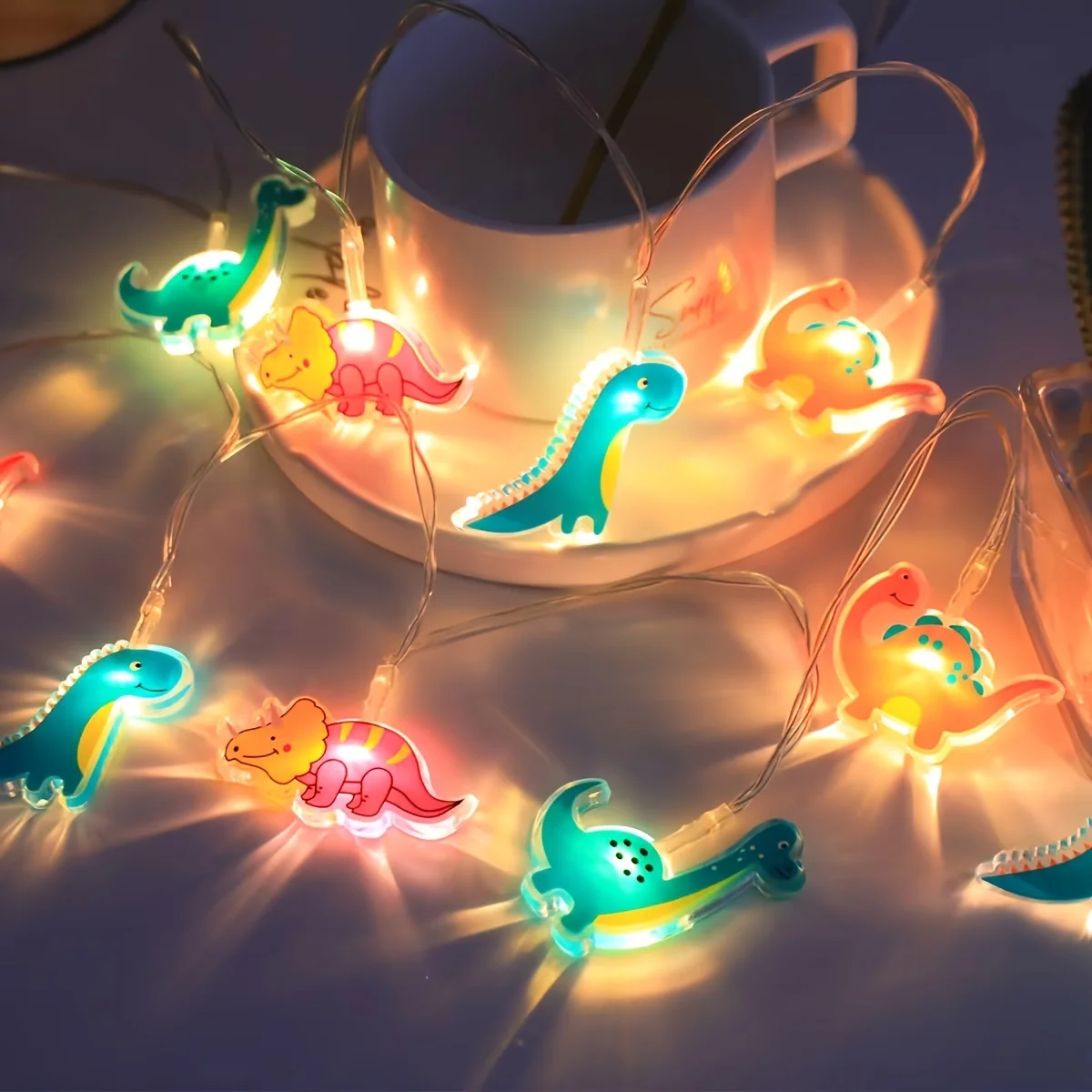 Cartoon Dinosaur LED String Lights, Colorful Dino Shape Warm White Fairy Lights for Kids Bedroom Dinosaur Theme Party Decoration