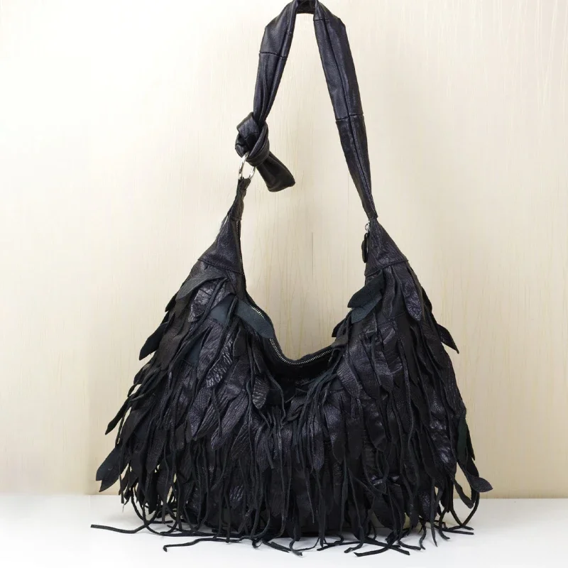 New Leather Women's Bag Shoulder Bag Soft Black Striped Fringe Personalized Vintage Large Capacity Tote Bag