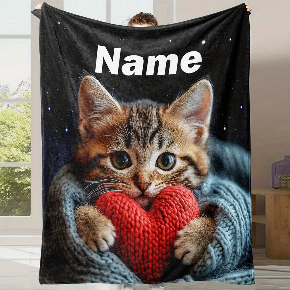 Personalized Cat Blanket Cute Kitten Holding Red Heart Starry Night Design Custom Name Soft Fleece Throw Gift For Cat Lover