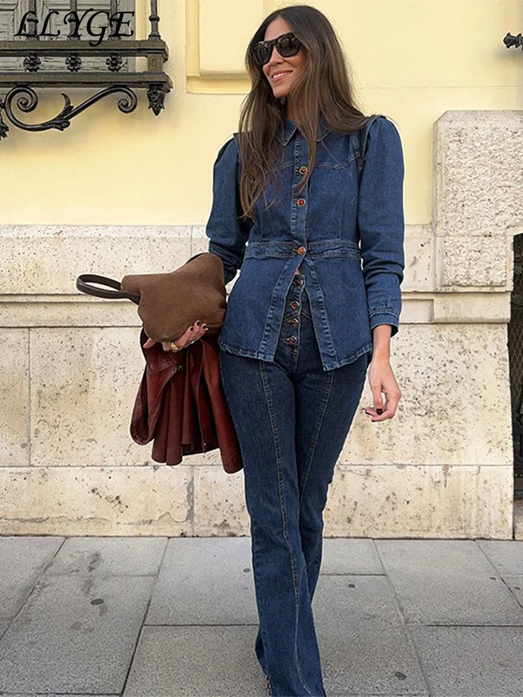 

Casual Patchwork Denim Jacket Pants Sets Women Slim Buttons Jackets High Waist Hip Package Pant 2025 Spring Lady Vintage Outfit