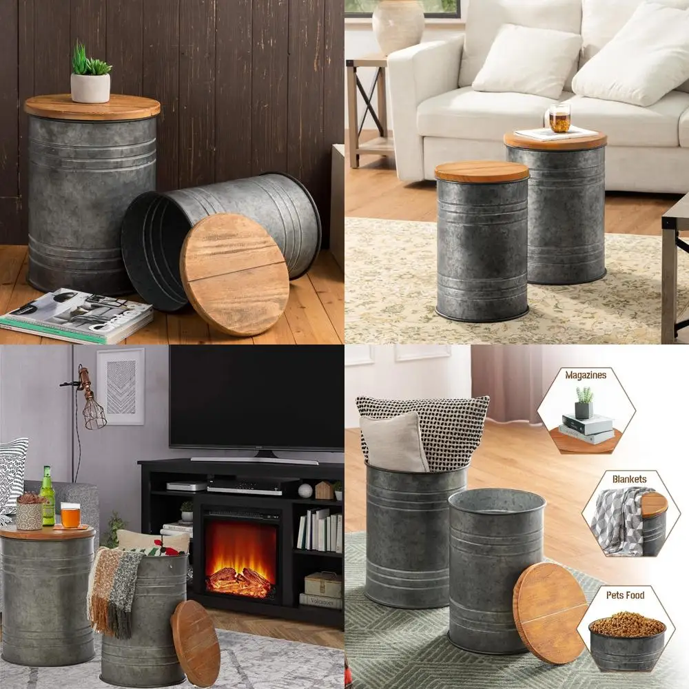 Farmhouse Style Metal Nesting Tables Set, Round Coffee Table Duo with Storage for Living Room