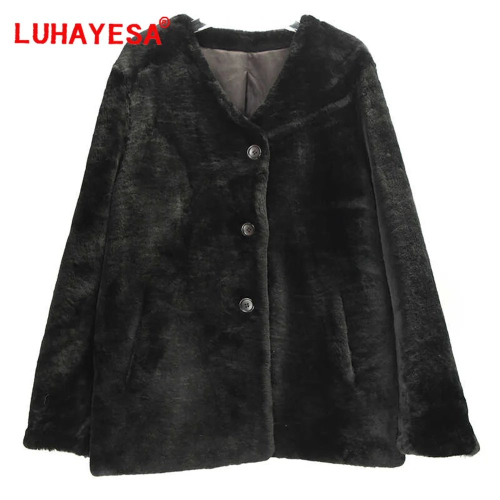 2024 Turcja Merino Sheepskin Lamb Fur Shearling Clothes Women Black V Neck Casual Daily Real Fur Coat