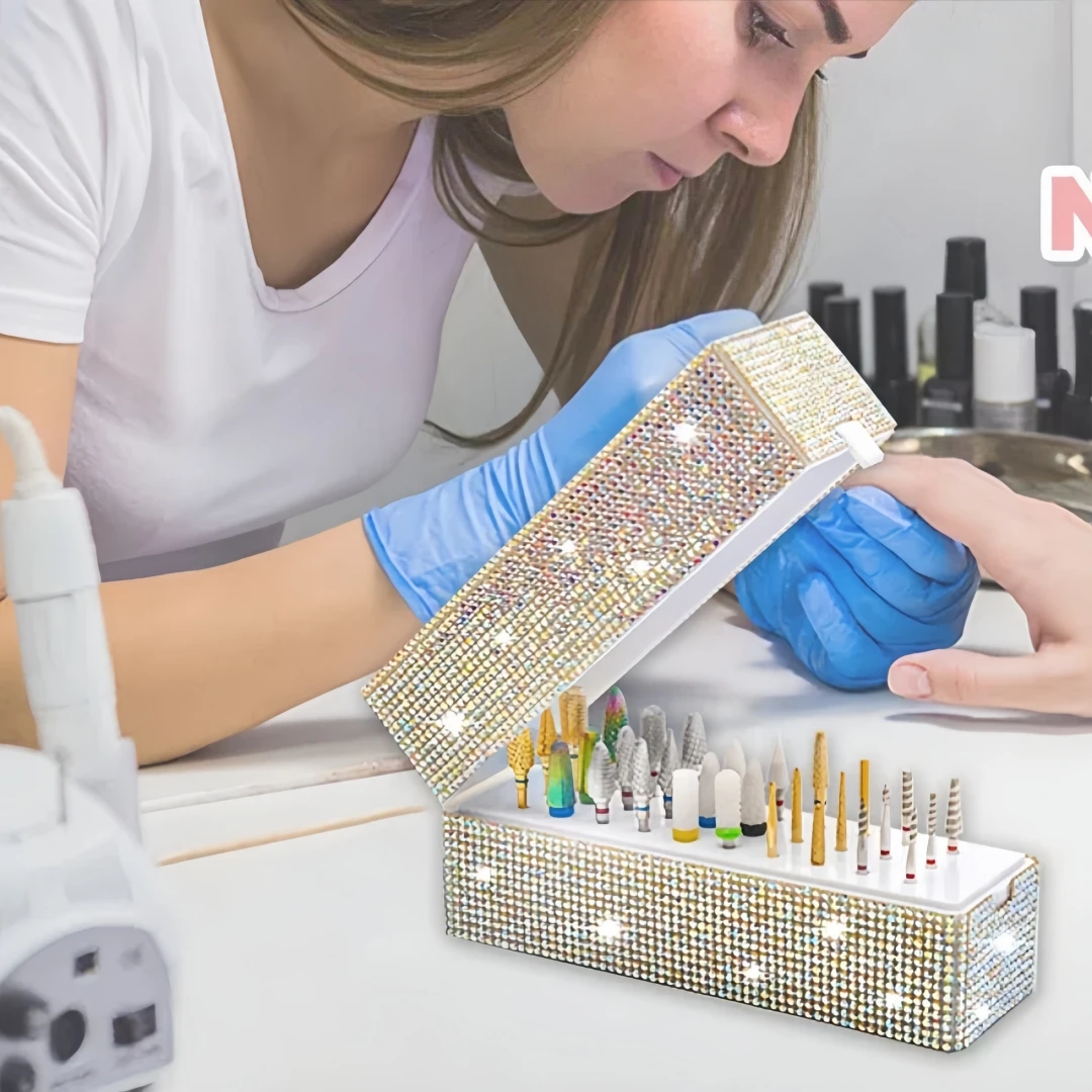 Nail Art Tools Holder 30 Holes with Fake Sparkly Diamond Nail Drill Bits Storage Box Nail Polishing Grinding Head Organizer Case