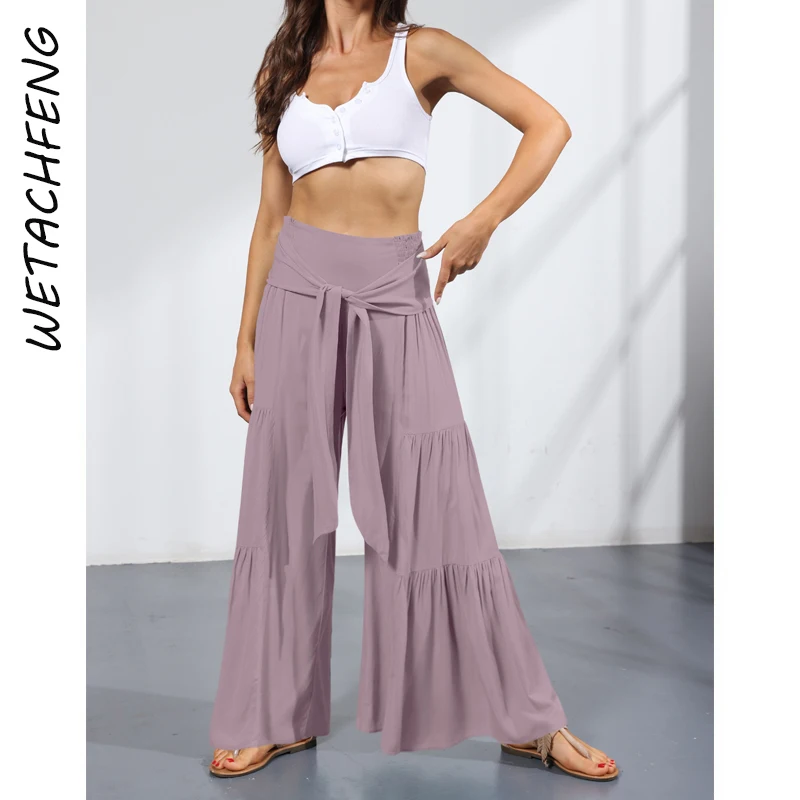 Loose Beach Bohemian Women Pants 2022 Summer Folds Elasticity High Waist Trousers Elegant Fashion Solid Dance Wide Leg Pants