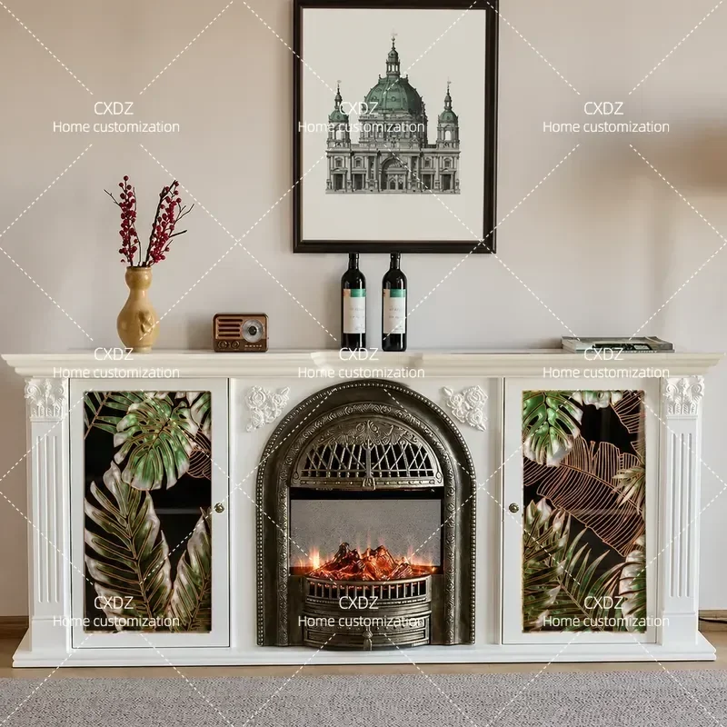 French Retro Simulation Fire TV Fireplace European Style Living Room Wall Storage Cabinet Villa Fireplace Rack Decorative