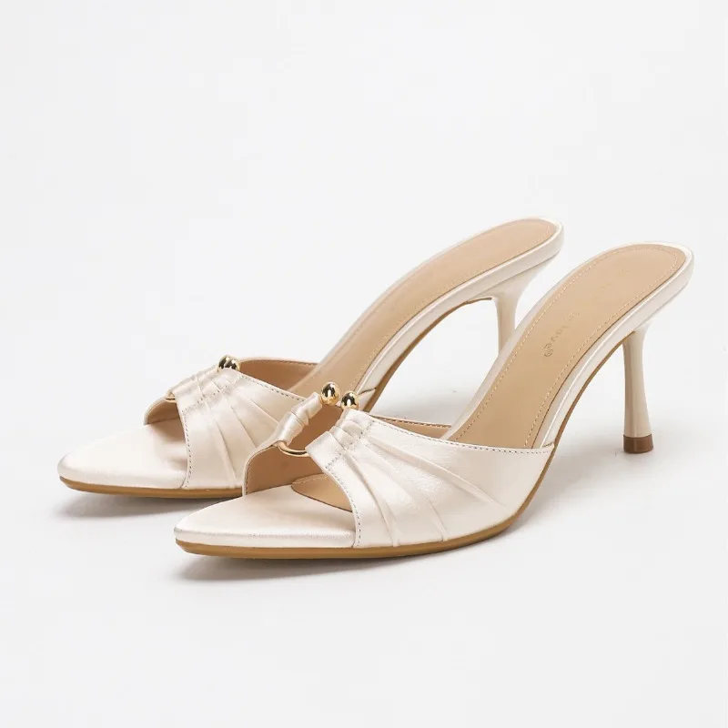 Pleated Metal Ring Satin Elegant Thin Heels Slippers for Women Open Toe Summer Fashion Slides Sexy Sandals Dress Shoes Women view 5