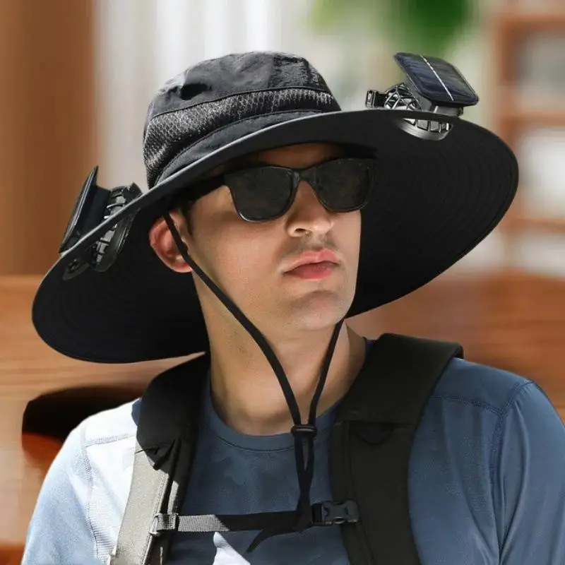 ผู้ชายฤดูร้อนแบบชาร์จไฟได้พัดลมปีกใหญ่หมวกกันแดด; หมวกชาร์จพลังงานแสงอาทิตย์ขนาดใหญ่ที่สมบูรณ์แบบสําหรับการตั้งแคมป์กลางแจ้งและตกปลา