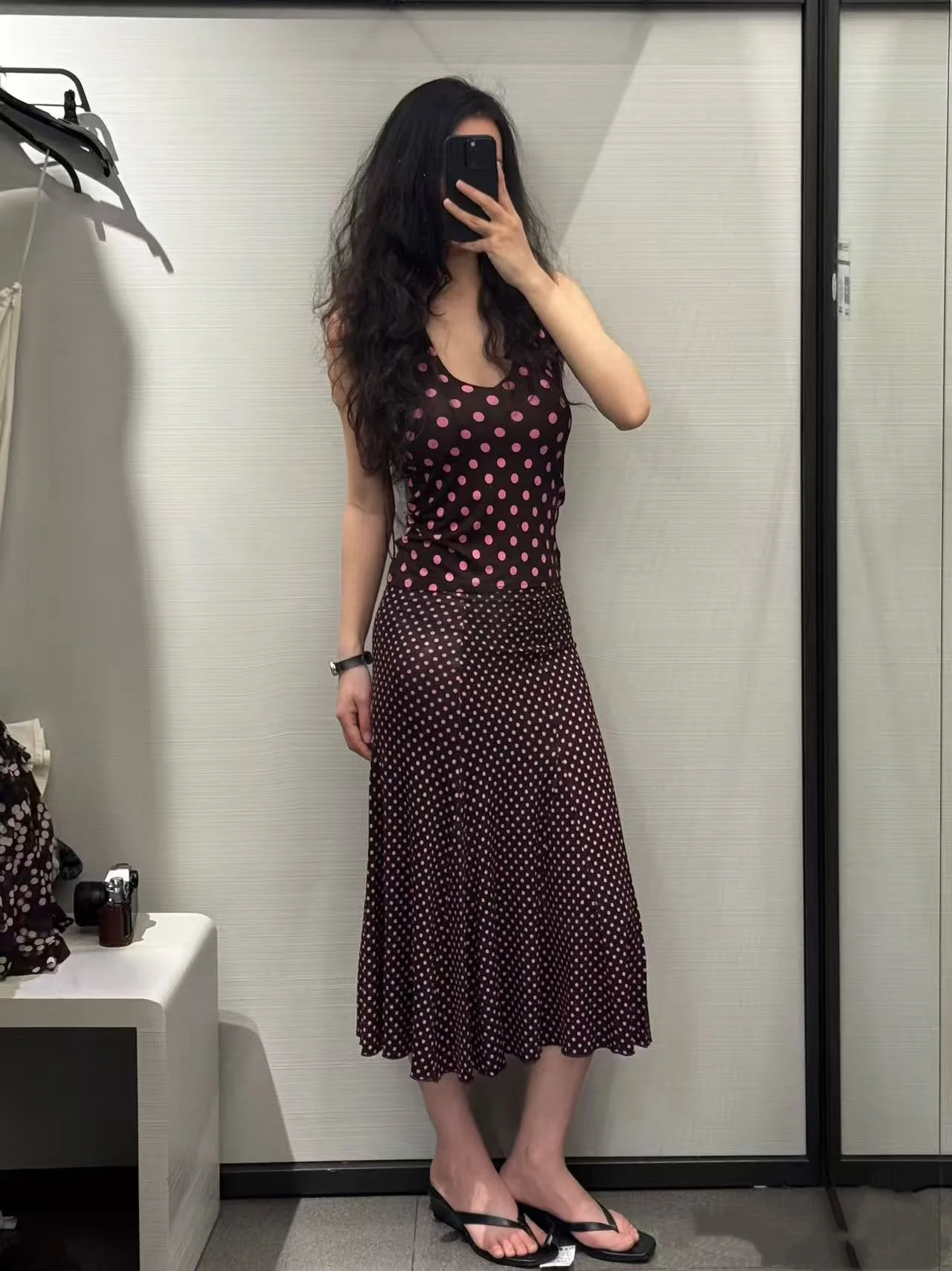 

Spring Summer 2026 Retro Polka Dot Midi Skirt Casual Elastic Waist Bell Girl Half Body Skirt A-Line Silhouette Polyester Fiber
