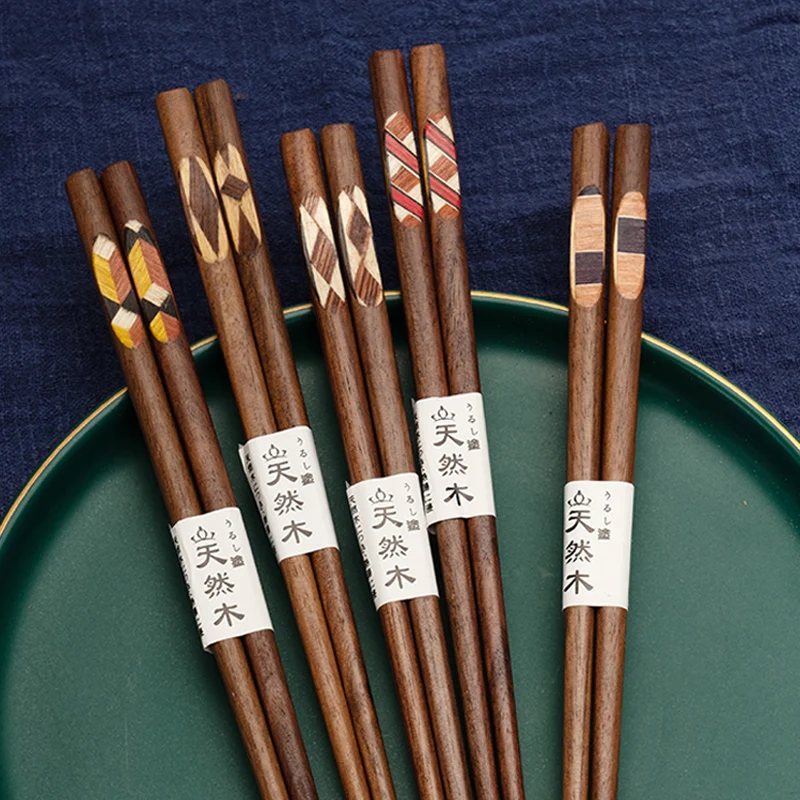 5 Pairs Walnut Wood Chopsticks Japanese Sushi Sticks Unique Patchwork Chinese Korean Food Chopstick Set Wooden Cutlery Tableware