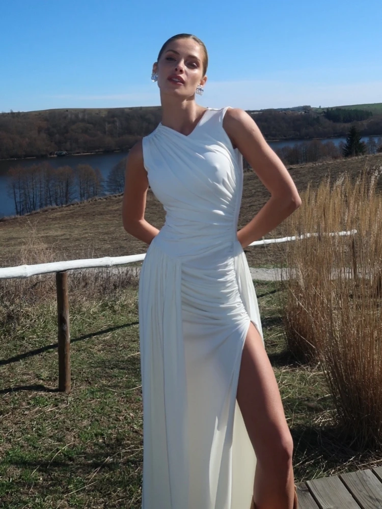 

Сексуальное длинное платье с круглым вырезом и складками и рюшами, женское белое плиссированное платье без рукавов, тонкие платья, элегантные вечерние платья