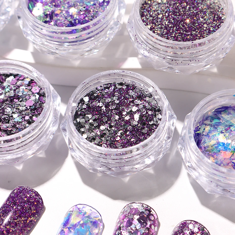 6 Boxes/Set Mixed Reflective Purple Chunky Holographic Nail Glitter Hexagon Powder Pigment Dust Y2K Gorgeous Nail Art Decoration