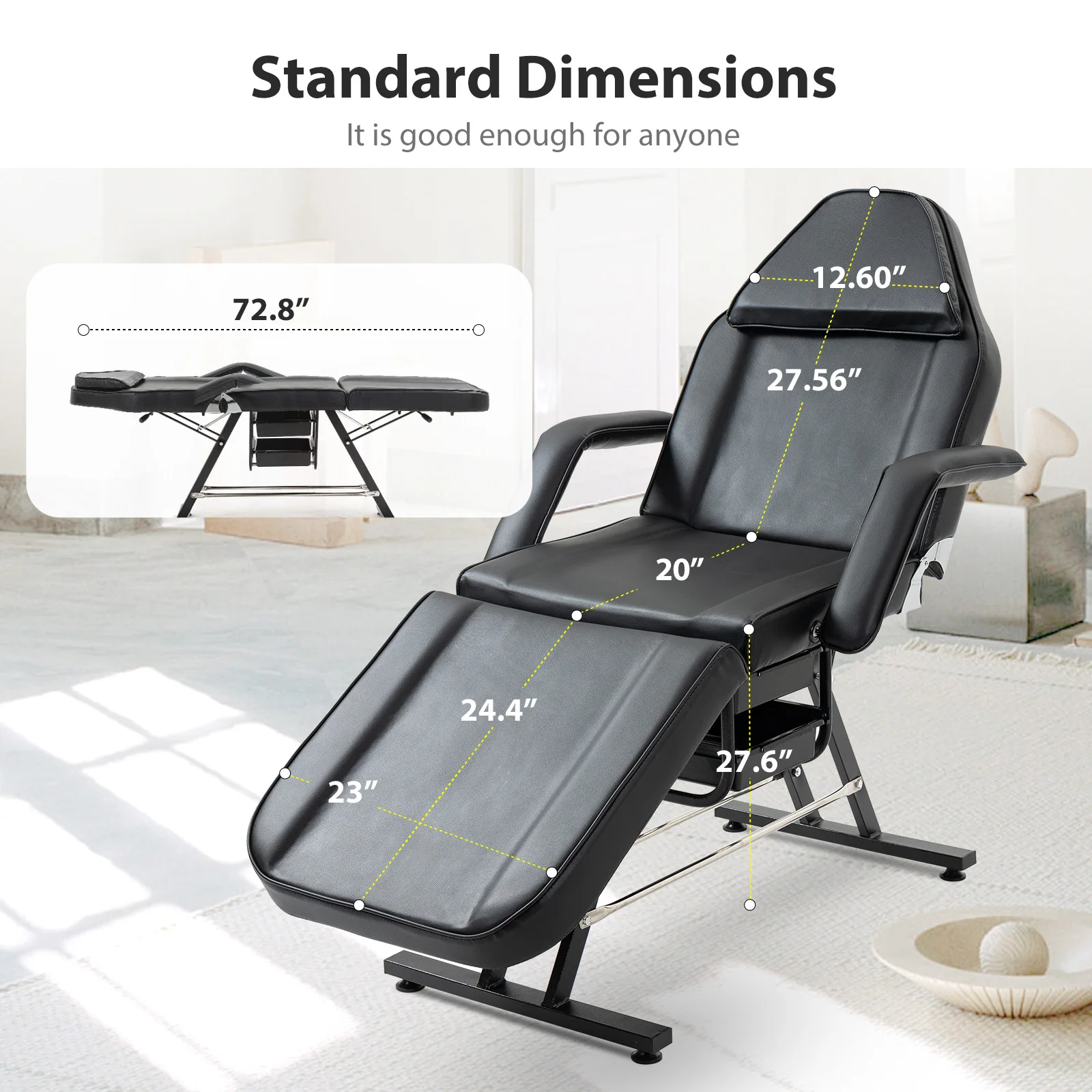 Adjustable 3 Section Massage Table Esthetician Facial Bed with Hydraulic Stool and 2 Trays Tattoo Spa Barber Salon Beauty Black