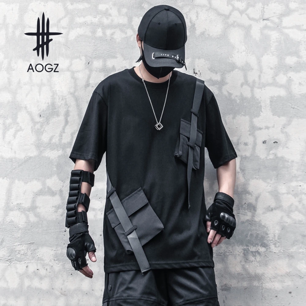 

AOGZ Harajuku Short Sleeve Tees Tops Patch Ribbons Pockets T Shirts Hip Hop Streetwear Casual Men Clothing Black Techwear Summer