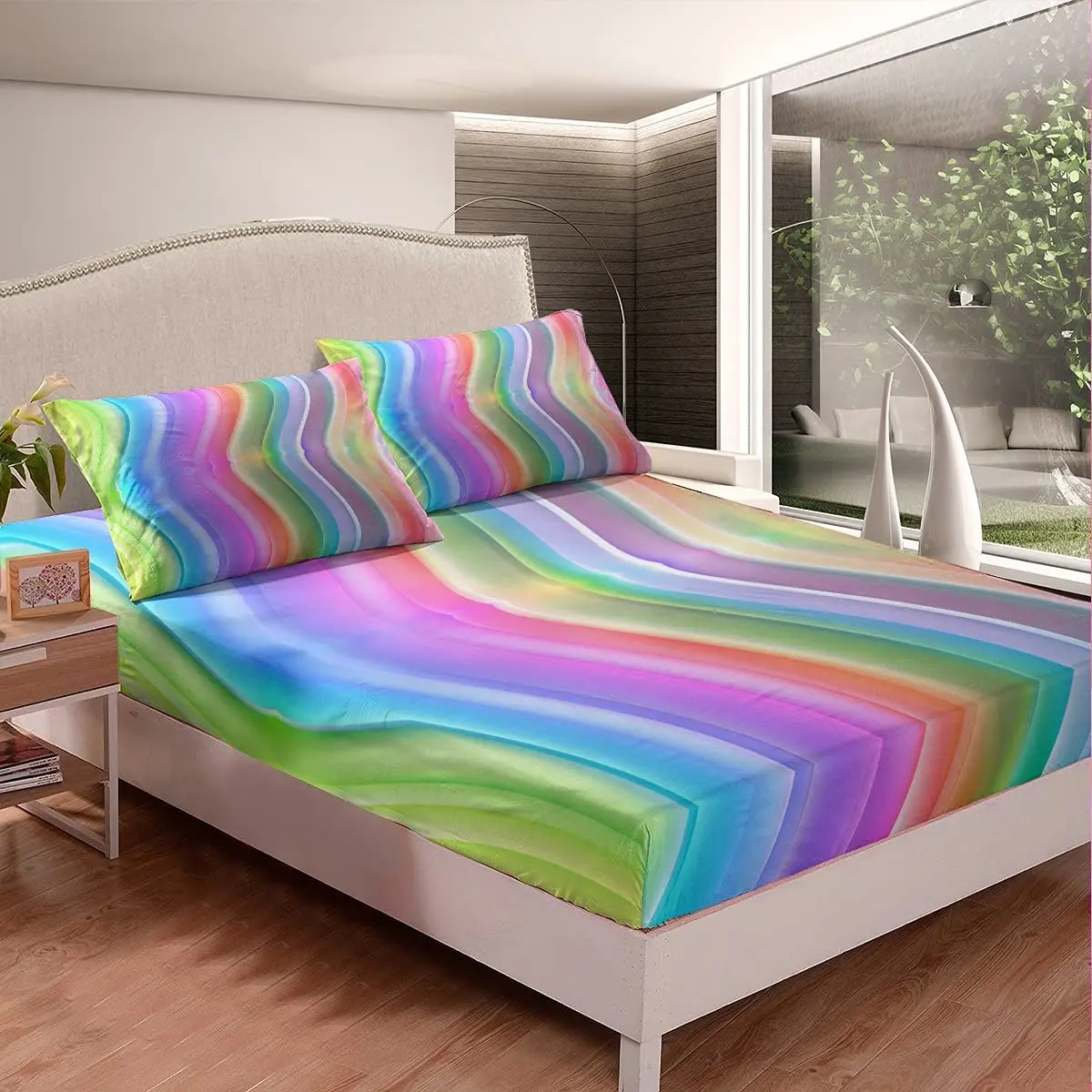 Rainbow Fitted Sheets Full Size Colorful Tie Dye Bed Cover for Kids Girls Teens Women Pastel Bedding Sheets Watercolor Girlish