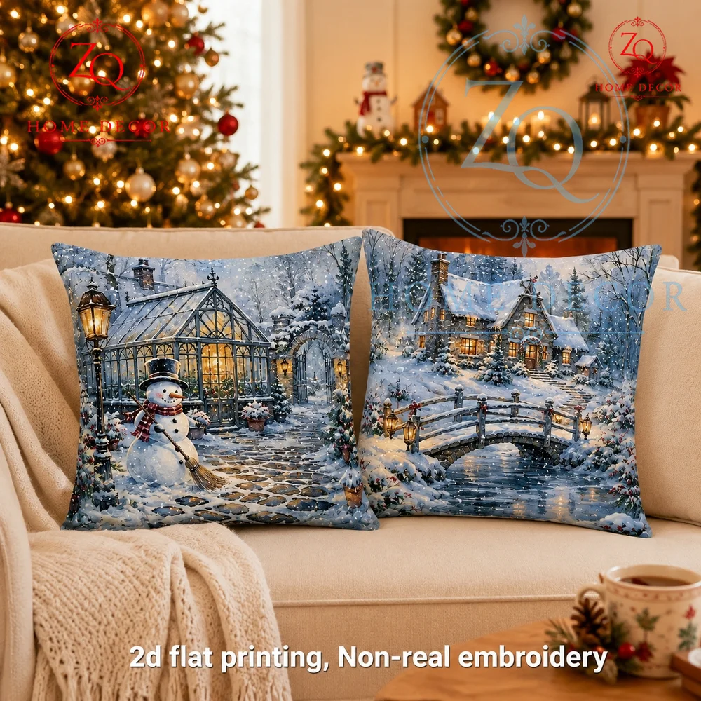 Vintage Winter Wonderland Throw Pillow Cover Snowman  Glass Greenhouse Christmas Decorative Cushion Case for Sofa Couch