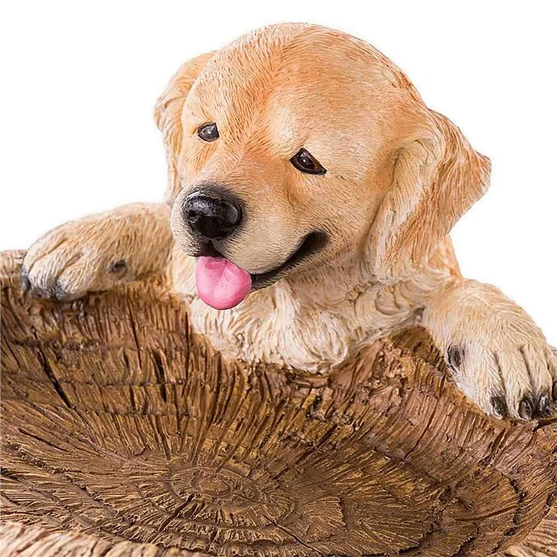 B23B 2X Puppy Polyresin Bird Bath Brown Pedestal Handmade Gifts For Outdoor Home Garden Lawn Yard Decorations