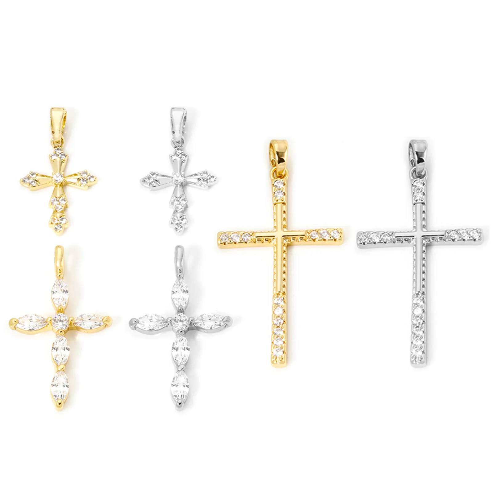 2pcs Brass Religious Cross Charms Multicolor Transparent Zircon Cross Shaped Melon Seed Buckle Brass Pendant for DIY Jewelry