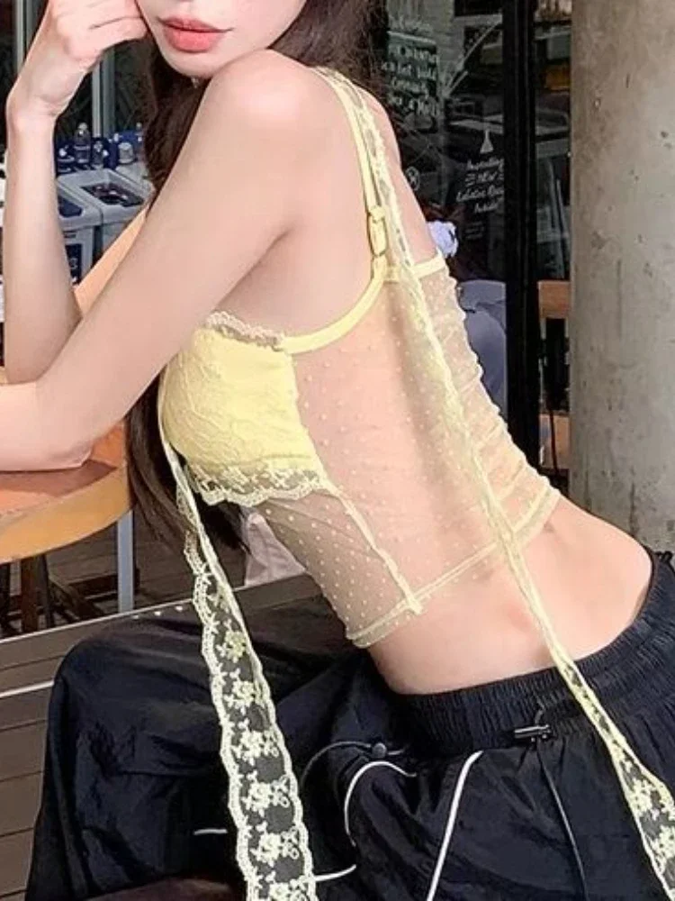Streetwear sem costas vintage renda jacquard feminino y2k estética ver através do topo verão grunge amarelo colheita camisolas